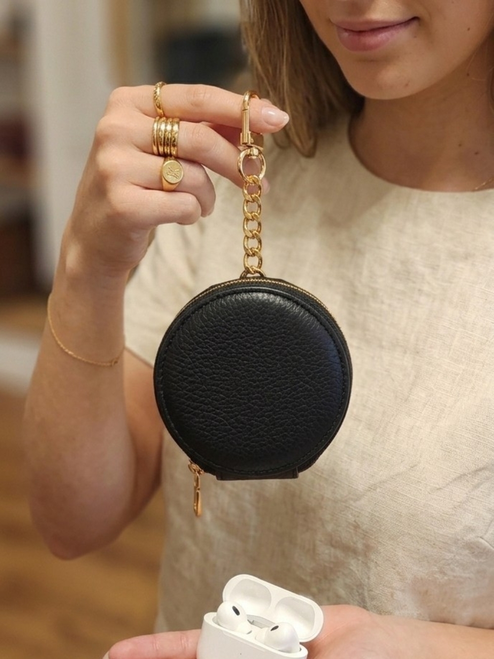 Black Round Leather Keychain Pouch with Gold Chain